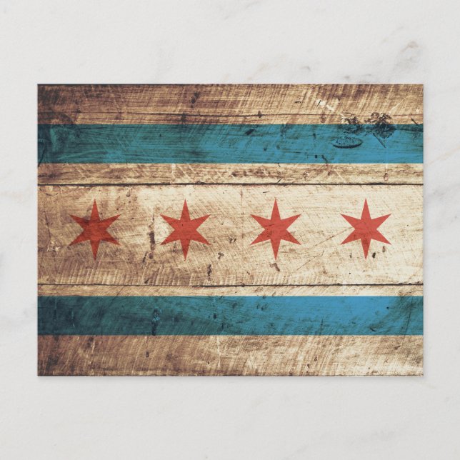 Carte Postale Drapeau de Chicago sur le vieux grain de bois (Devant)