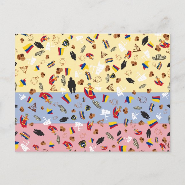 Carte Postale Drapeau de la Colombie avec des objets célèbres du (Devant)