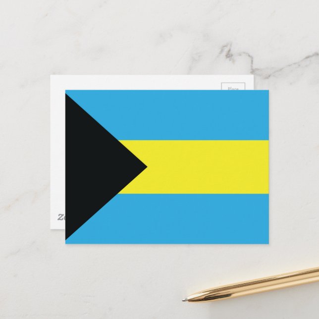 Carte Postale Drapeau des Bahamas en bleu, noir et jaune (Devant/Arrière en situation)