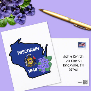 Carte Postale Drapeau d'état du Wisconsin et fleur bleu commun V