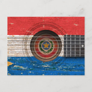 Carte Postale Drapeau du Paraguay sur une vieille guitare acoust