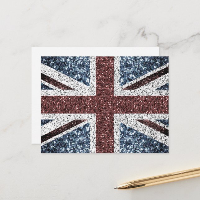 Carte Postale Drapeau du Royaume-Uni Rustique paillettes scintil (Devant/Arrière en situation)