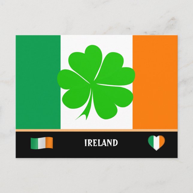 Carte Postale Drapeau irlandais & feuille de trèfle chanceux / C (Devant)