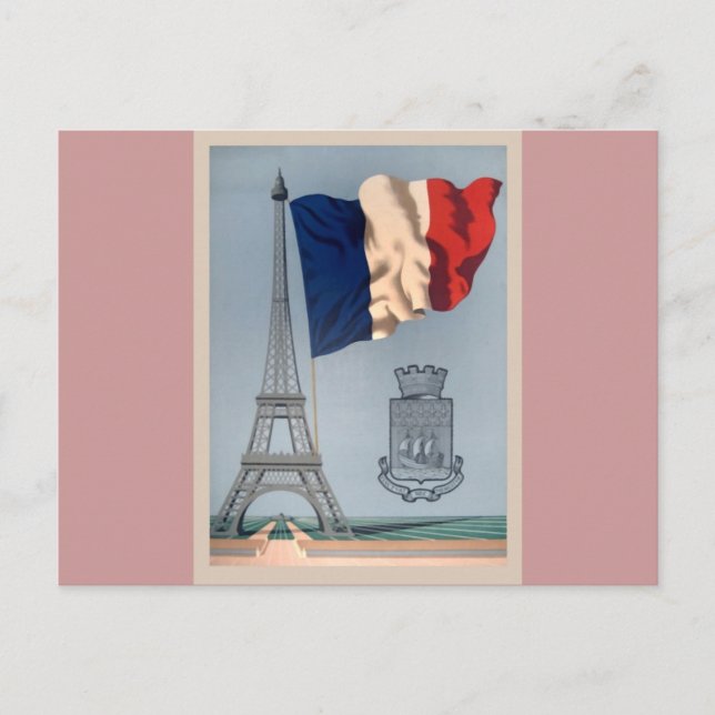 Carte Postale Drapeau national français vintage et tour Eiffel (Devant)