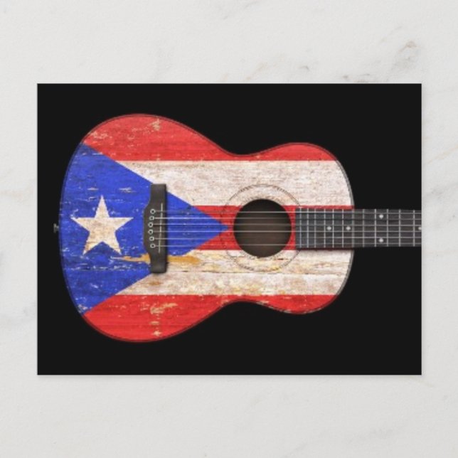 Carte Postale Drapeau Porto Rico usé Guitare acoustique, noir (Devant)