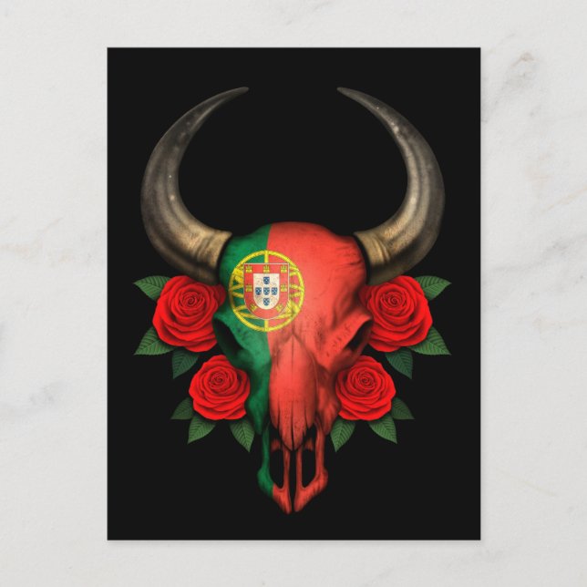Carte Postale Drapeau portugais Taureau avec Roses rouges (Devant)