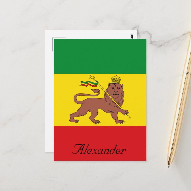 Carte Postale Drapeau rastafarien personnalisé d'Ethiopie Lion d (Devant/Arrière en situation)