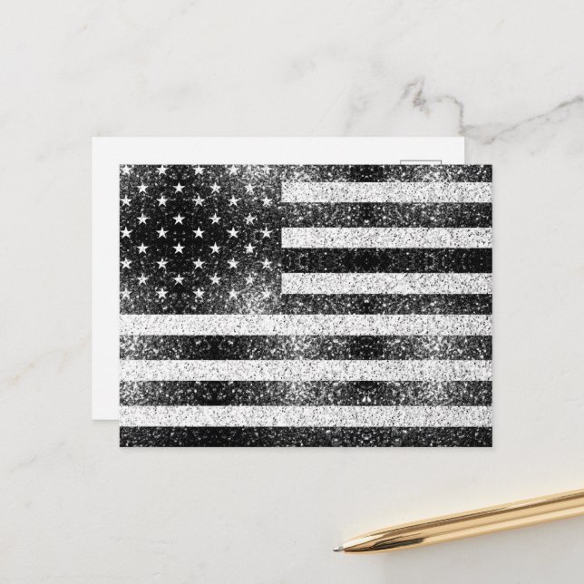 Carte Postale Drapeau USA Rustique Noir Blanc Gris Paillettes 4  (Devant/Arrière en situation)