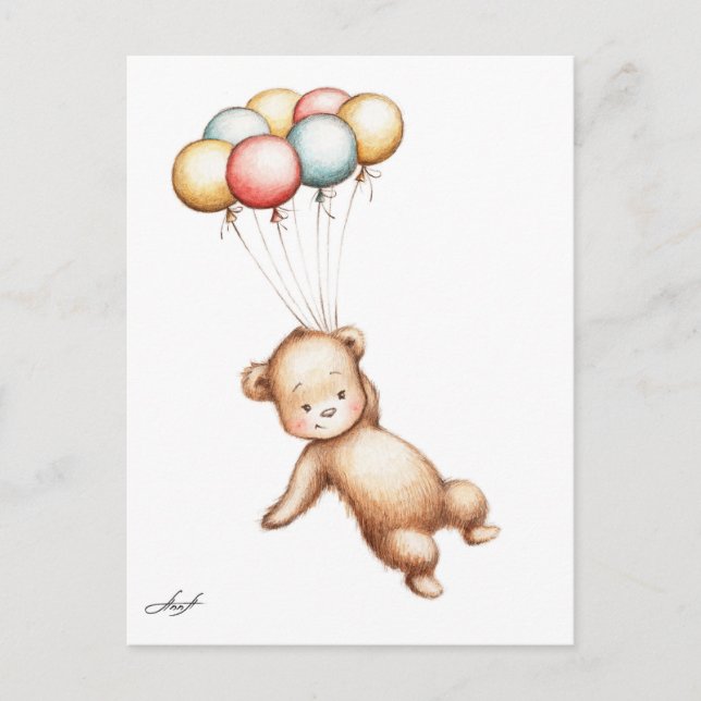 Carte Postale Drawing of Teddy Bear flying (Devant)