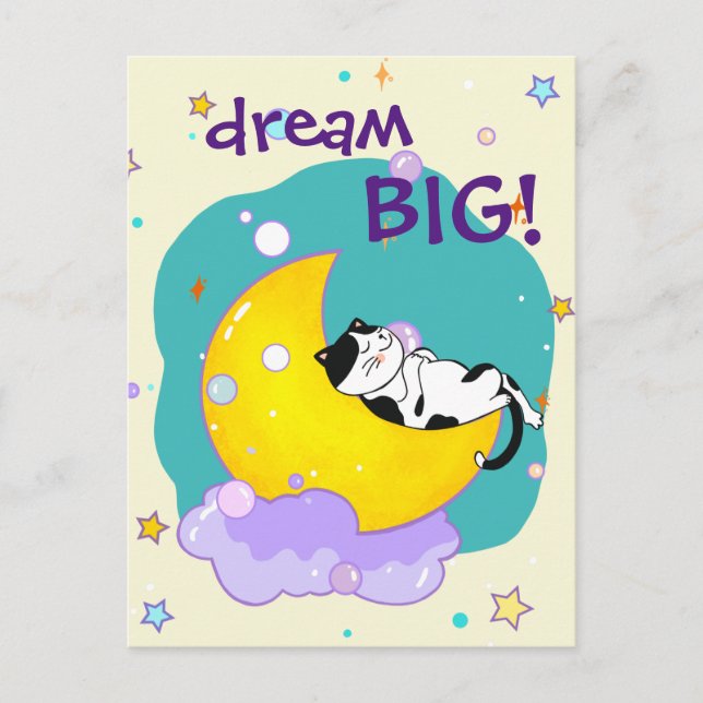 Carte Postale "Dream Big" Chat Dormir Sur La Lune Amoureux Des A (Devant)