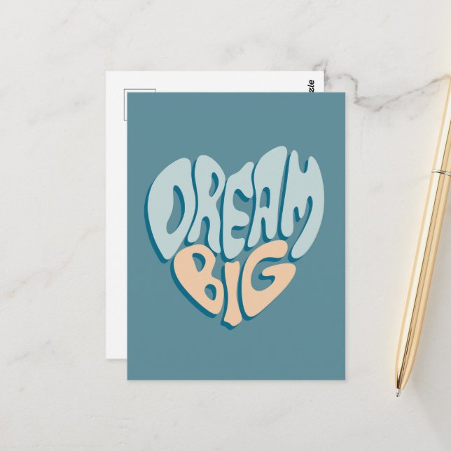 Carte Postale Dream Big : Coeur bleu du succès (Devant/Arrière en situation)