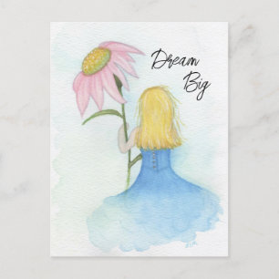 Carte Postale Dream Girl tenant Fleur rose géante