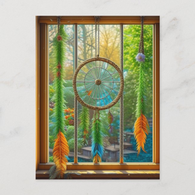 Carte Postale Dreamcatcher avec Plumes Bleues, Vertes et Oranges (Devant)