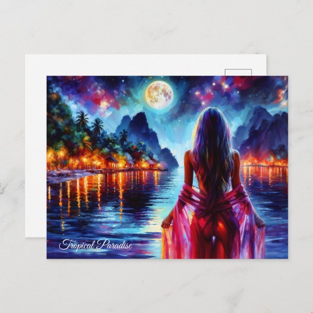 Carte Postale Dreamsea beach fille avec lune et lumières (Devant / Derrière)