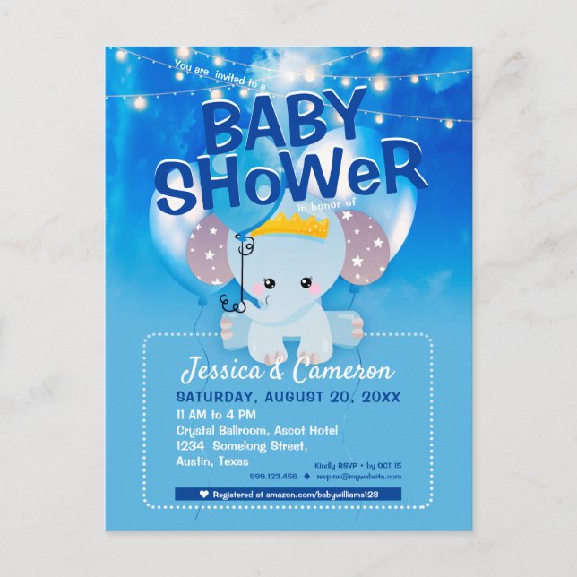 Carte Postale Dreamy Blue Balloons Baby Elephant Baby shower (Devant)