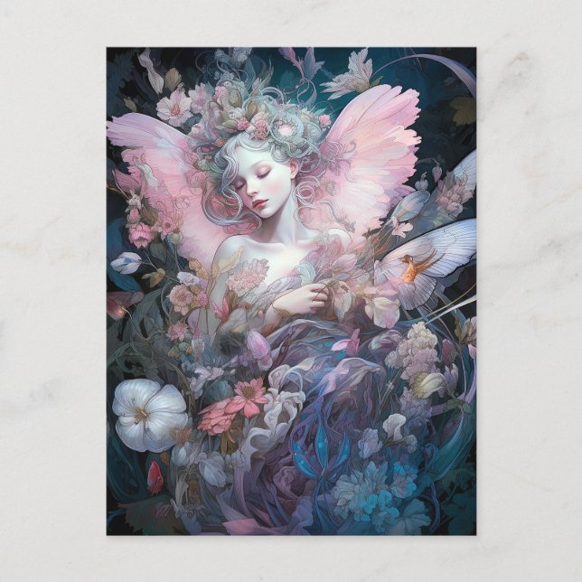 Carte Postale Dreamy Fairy Girl Rose Blue Imaginaire Art (Devant)