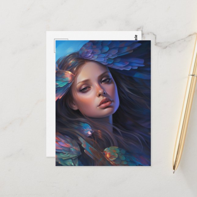 Carte Postale Dreamy Indigo Blue Butterfly Wings Imaginaire Femm (Devant/Arrière en situation)