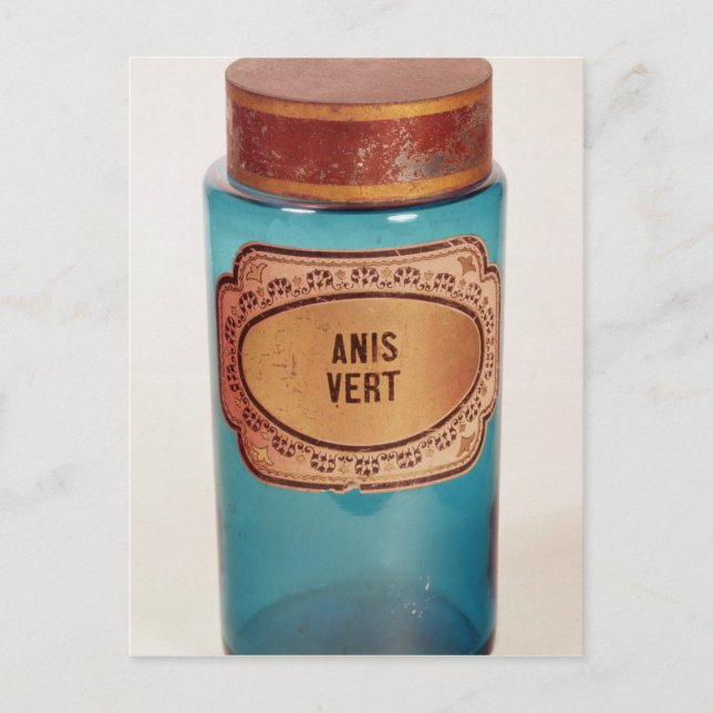 Carte Postale Drogue Jar, avec étiquette pour Anis Vert, c.1860 (Devant)