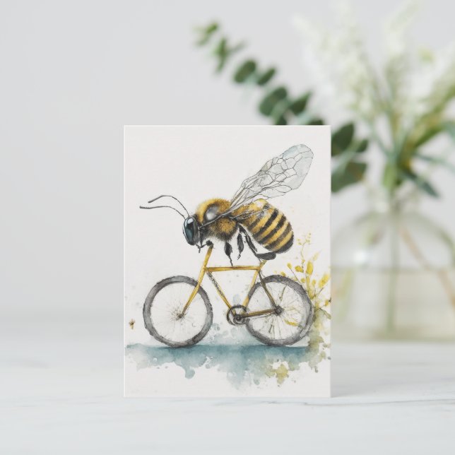 Carte Postale Drôle abeille à vélo en train de dessiner l'aquare (Debout devant)