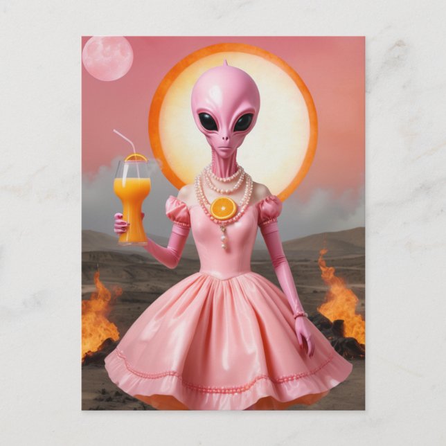 Carte Postale Drôle Alien Dame Avec Jus D'Orange Brûlant Le Dése (Devant)