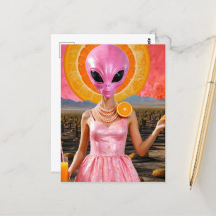 Carte Postale Drôle Alien dame en rose
