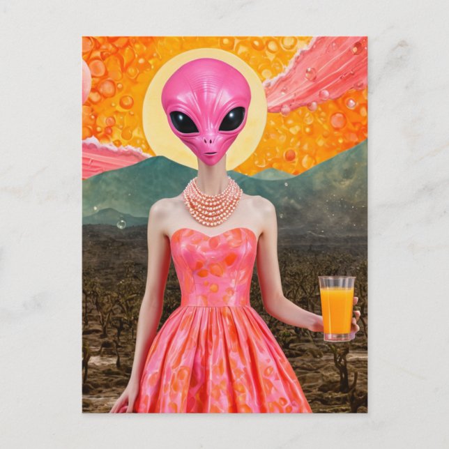 Carte Postale Drôle Alien dame en rose avec jus d'orange (Devant)