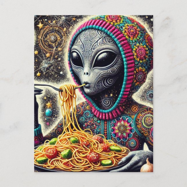 Carte Postale Drôle Alien Drôle Manger Spaghetti (Devant)