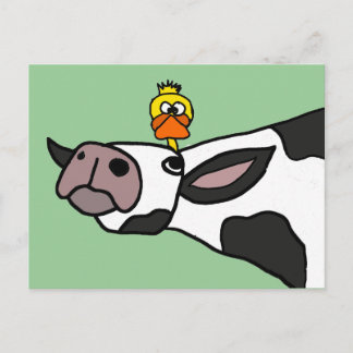 Carte Postale Drôle canard sur un dessin de vache