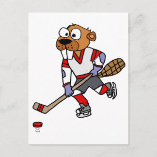 Carte Postale Drôle Castor Jouer Cartoon de hockey sur glace