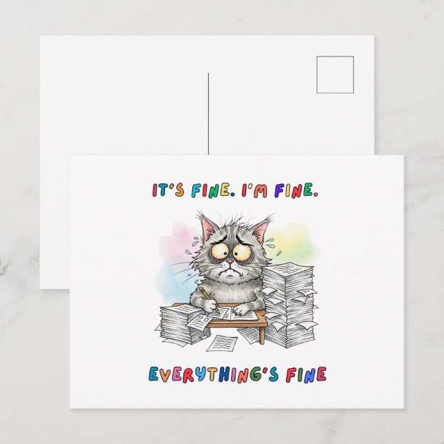 Carte Postale Drôle Chat Quirky "Tout va bien" (Devant / Derrière)