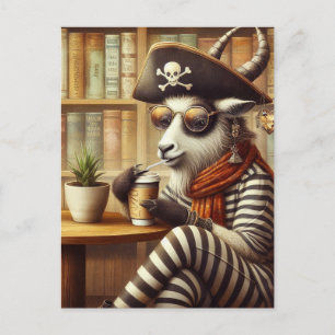 Carte Postale Drôle Chèvre pirate boire du café