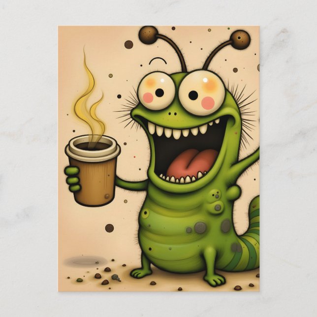 Carte Postale drôle de dessin animé sur la chenille caffinée (Devant)