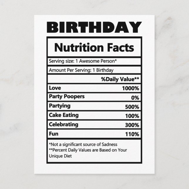 Carte postale drôle de faits nutritionnels d'anniv (Devant)