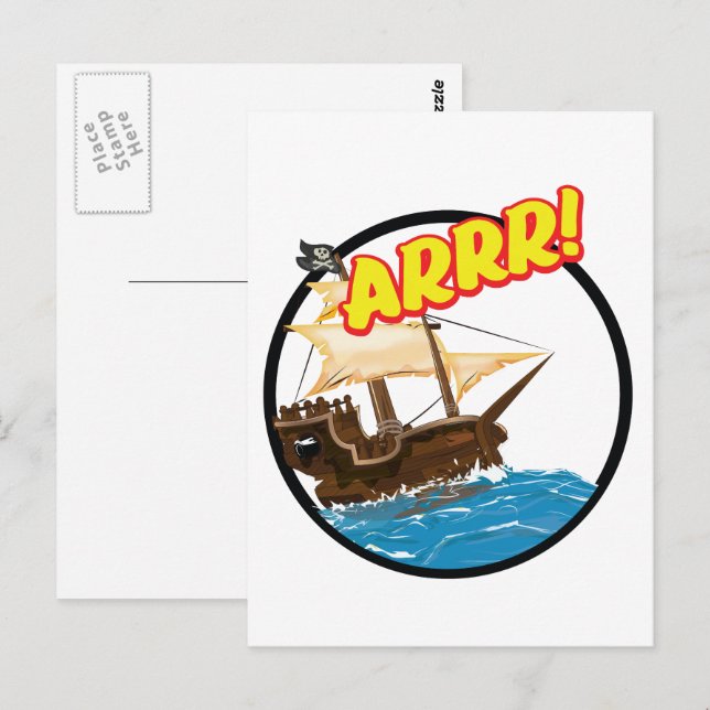 Carte Postale Drôle dessin animé Navire pirate (Devant / Derrière)