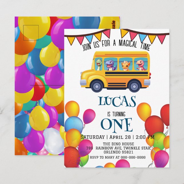 Carte Postale Drôle dinosaure Retour à l'école Bus garçon Annive (Devant / Derrière)