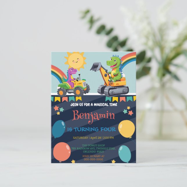 Carte Postale Drôle dinosaure tracteur ballon garçon Retour à l' (Debout devant)