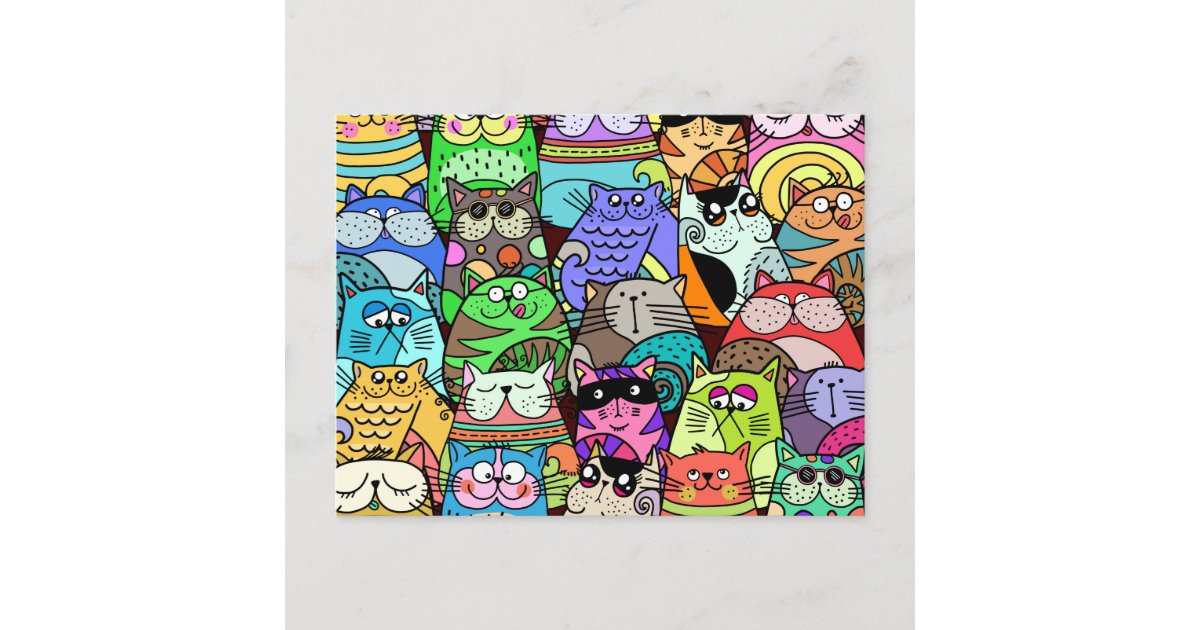 Carte Postale Drole Doodle Rue Fonde Bande De Chat Zazzle Fr