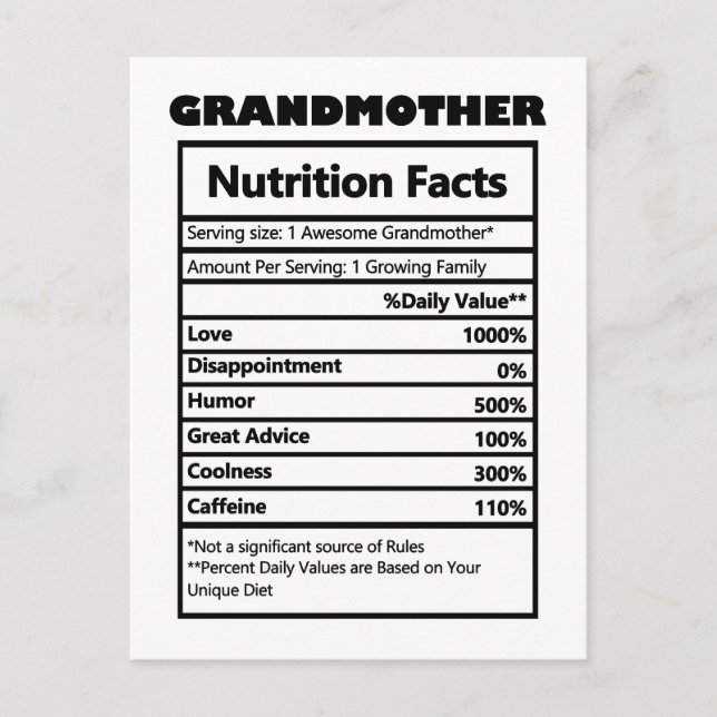 Carte postale drôle faits nutritionnels grand-mère (Devant)