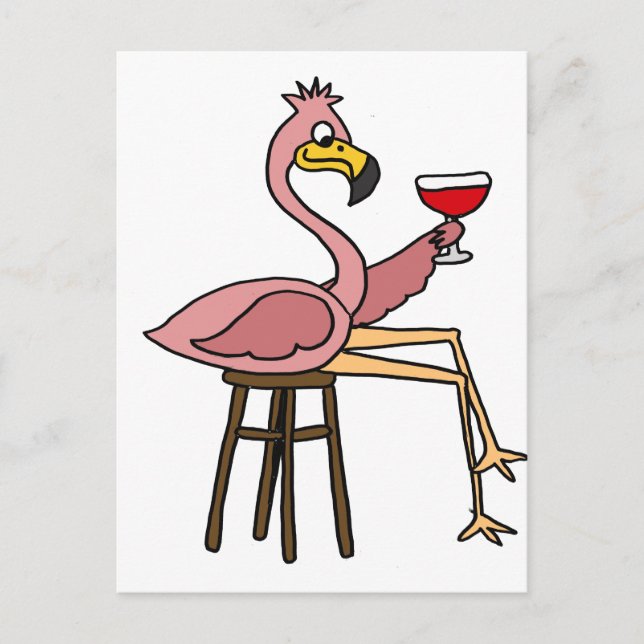 Carte Postale Drôle Flamant rose rose Boire du vin rouge (Devant)