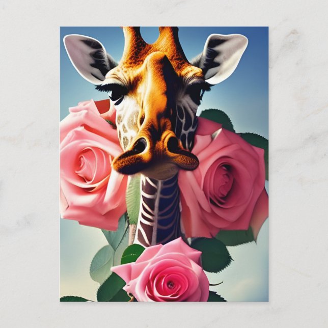 Carte Postale Drôle Giraffe et Art numérique Rose (Devant)