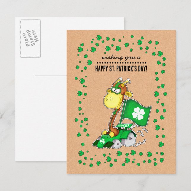 Carte Postale Drôle Giraffe Kraft Papier St. Patrick's Day (Devant / Derrière)