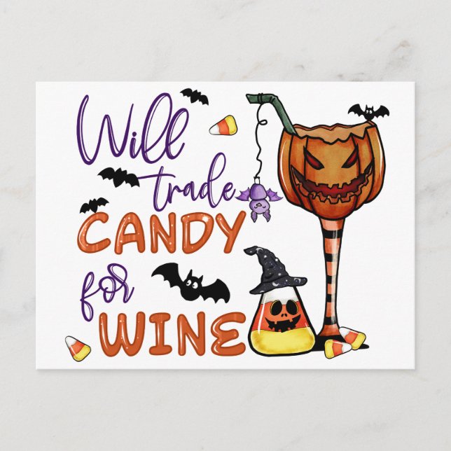 Carte Postale Drôle Halloween, Will Trade Candy pour le vin, Boi (Devant)
