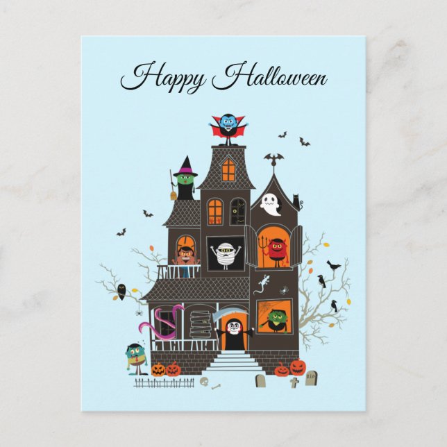 Carte Postale Drôle Happy Halloween Haunted House People (Devant)