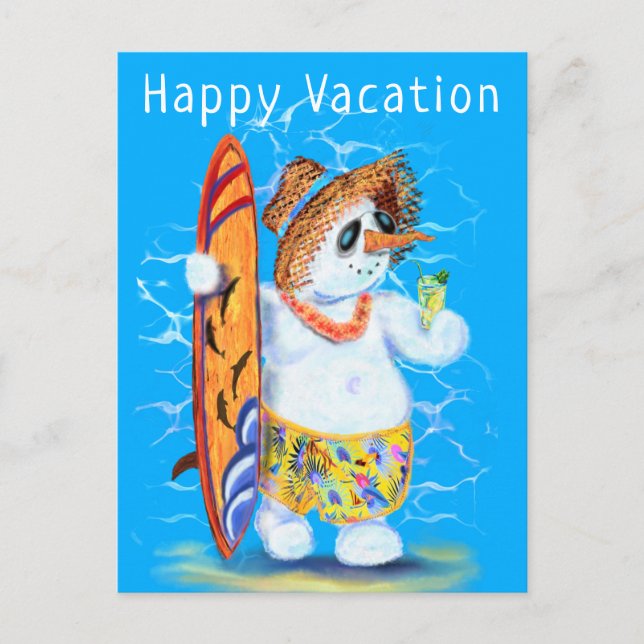 Carte Postale Drôle Happy Vacation Card Summer Snowman Surfer (Devant)
