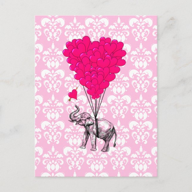 Carte Postale Drôle joli éléphant et damas rose (Devant)