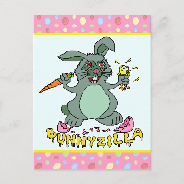 Carte Postale Drôle Lapin de Pâques mignon Bunnyzilla Rabbit Car (Devant)