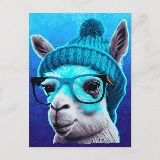 Carte Postale Drôle Llama Alpaca mignonne Animaux Lunettes Casqu (Devant)