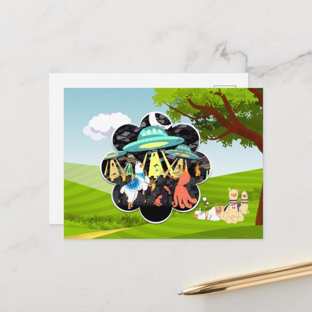 Carte Postale Drôle Llama vs Evil Squid bataille de l'espace épi (Devant/Arrière en situation)