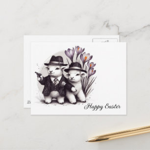 Carte Postale Drôle mignon Gangster Mouton de Pâques Fleurs pour