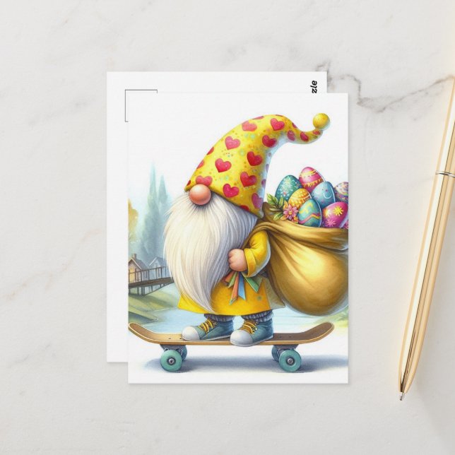 Carte Postale Drôle mignon Gnome de Pâques avec oeufs de Pâques (Devant/Arrière en situation)